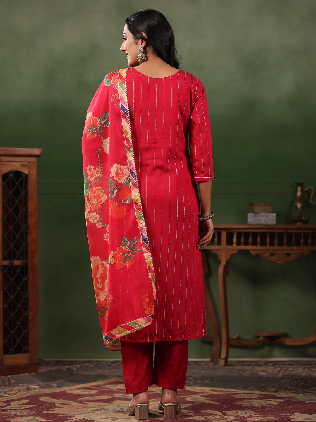 Woven Lurex Striped Resham Embroidered Kurta with Pants & Dupatta - Red