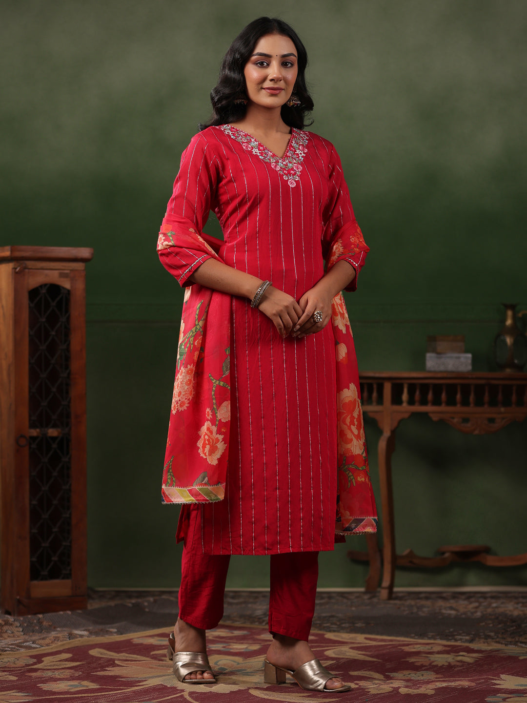 Woven Lurex Striped Resham Embroidered Kurta with Pants & Dupatta - Red