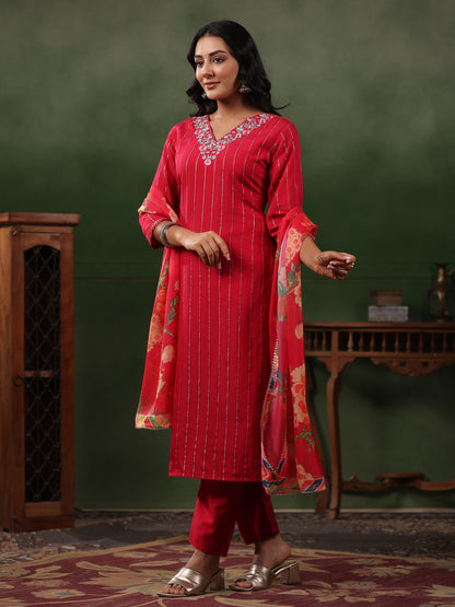 Woven Lurex Striped Resham Embroidered Kurta with Pants & Dupatta - Red