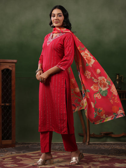 Woven Lurex Striped Resham Embroidered Kurta with Pants & Dupatta - Red