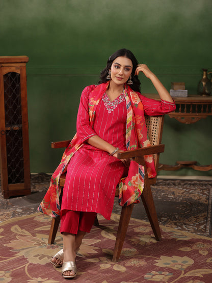 Woven Lurex Striped Resham Embroidered Kurta with Pants & Dupatta - Red