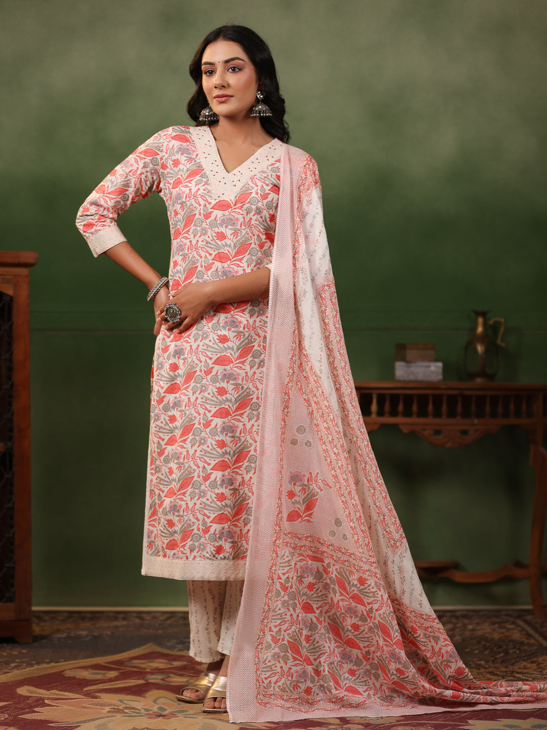 Buy Off White Red Printed Cotton Anarkali Kurta with Churidar