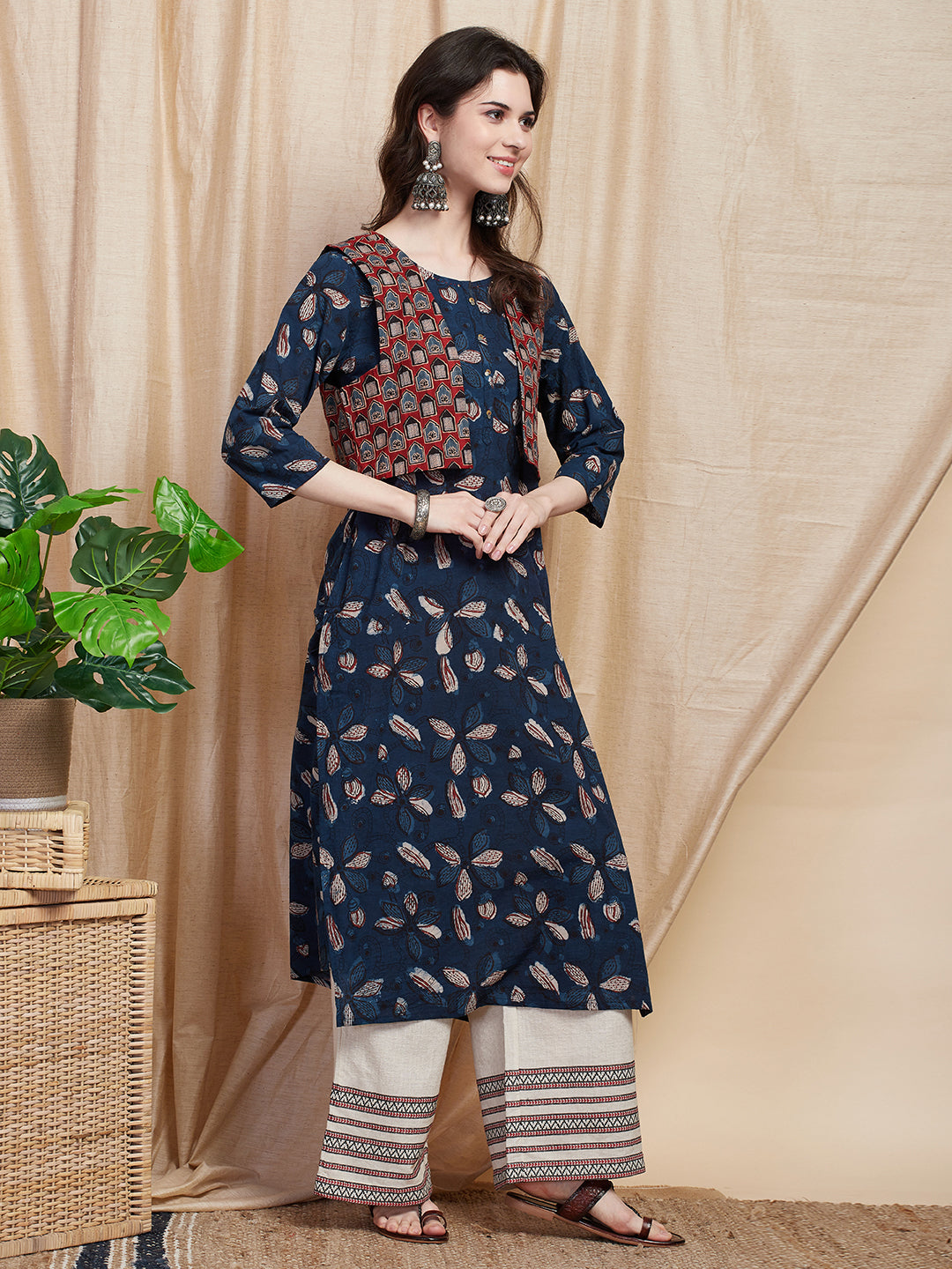 Ethnic Floral Printed Straight Kurta with Ajrakh Printed Jacket - Blue