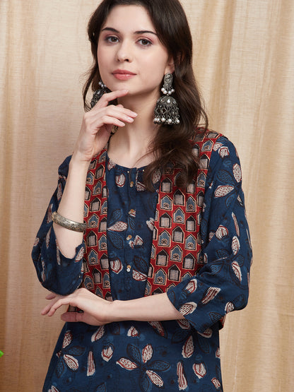 Ethnic Floral Printed Straight Kurta with Ajrakh Printed Jacket - Blue