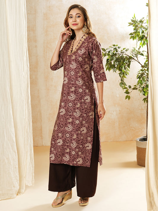 Ethnic Floral Foil Printed & Embroidered Straight Fit Kurta - Mauve