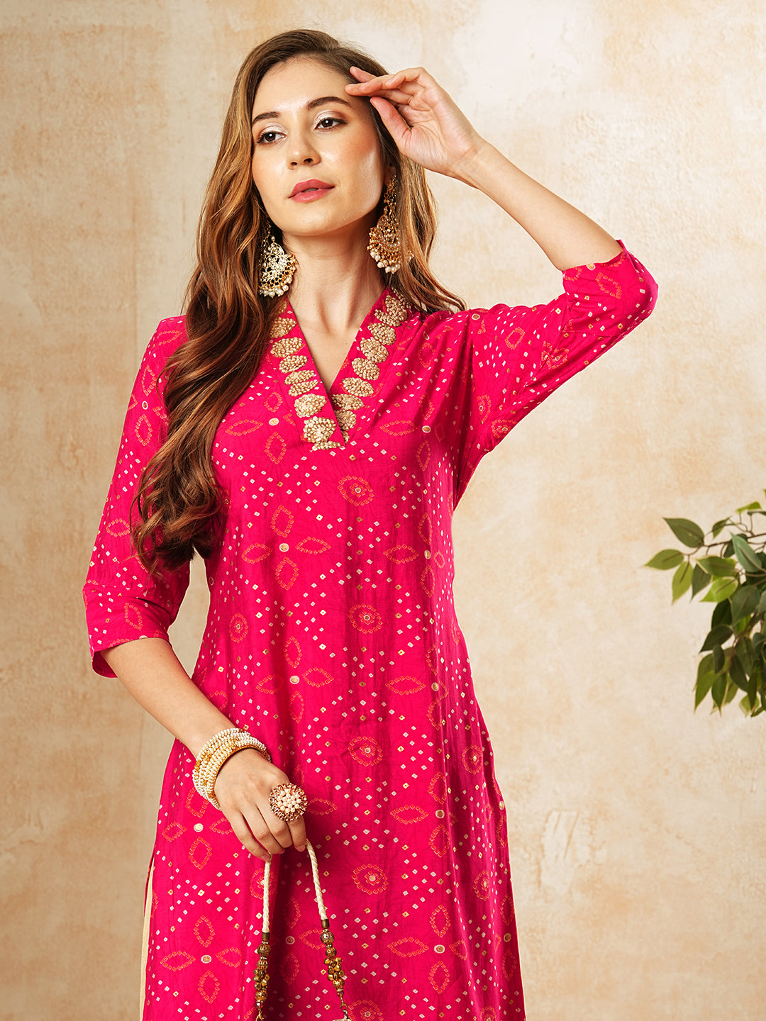 Ethnic Printed Sequins & Resham Embroidered Kurta - Pink