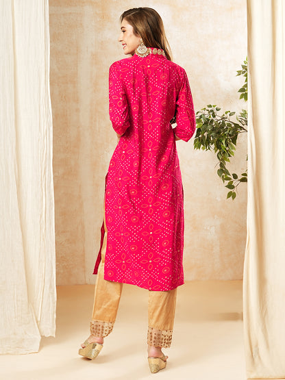 Ethnic Printed Sequins & Resham Embroidered Kurta - Pink