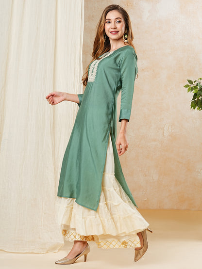 Solid Resham & Zari Embroidered Kurta - Green