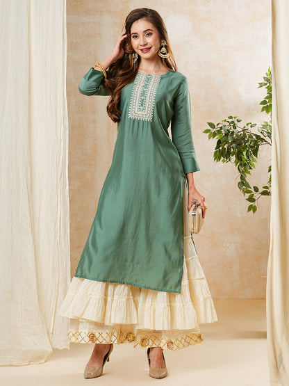 Solid Resham & Zari Embroidered Kurta - Green