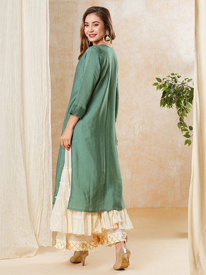 Solid Resham & Zari Embroidered Kurta - Green