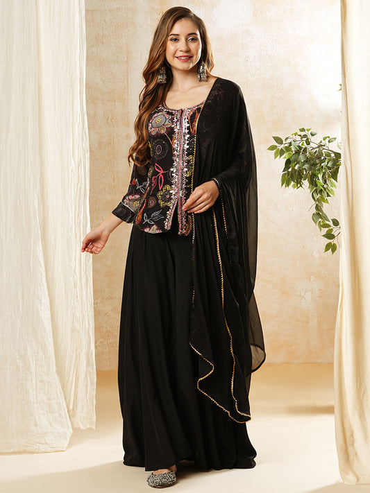 Floral Printed & Embroidered Top with Flared Palazzo with Dupatta - Black