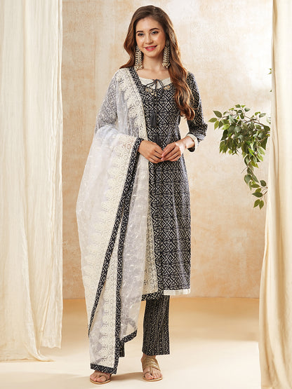 Ethnic Printed & Embroidered Straight Kurta with Pant & Organza Dupatta - Blue