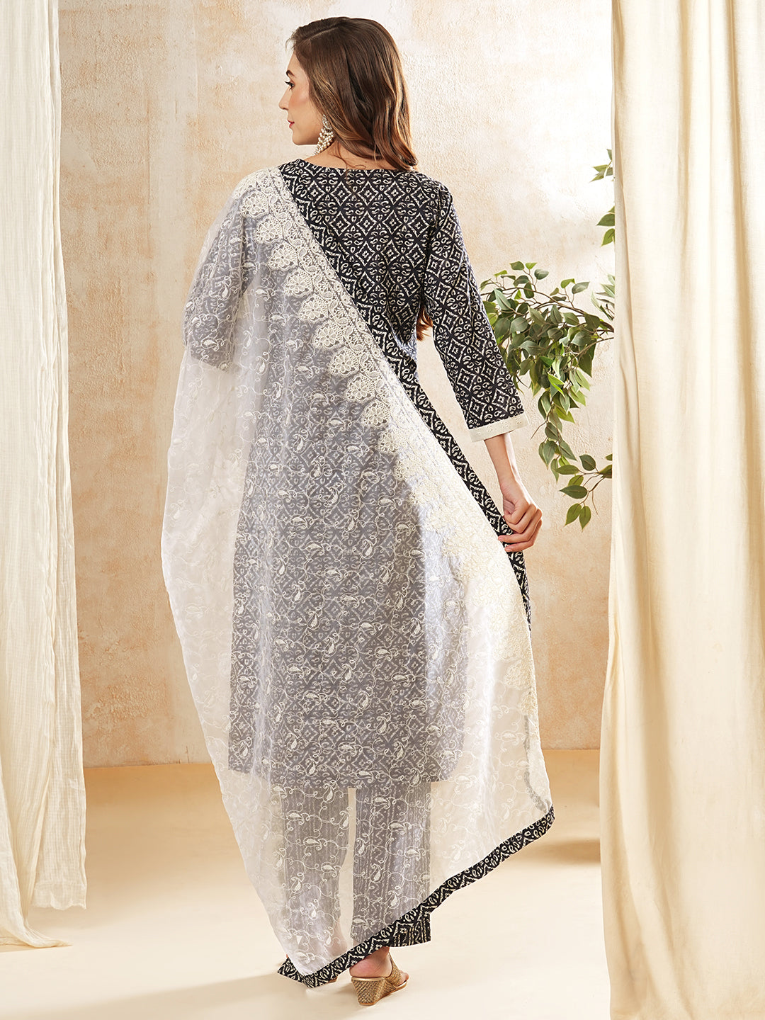 Ethnic Printed & Embroidered Straight Kurta with Pant & Organza Dupatta - Blue