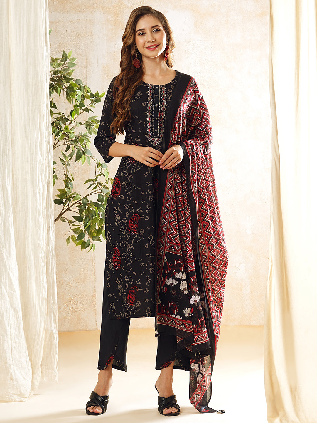 Ethnic Printed & Embroidered Straight Kurta with Pant & Pure Cotton Dupatta - Black