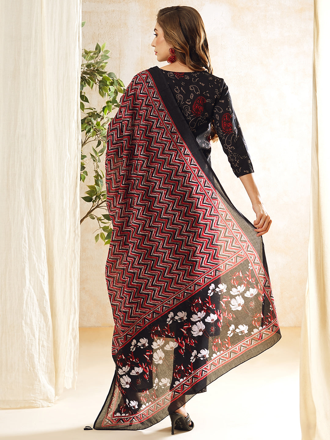 Ethnic Printed & Embroidered Straight Kurta with Pant & Pure Cotton Dupatta - Black