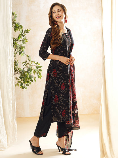 Ethnic Printed & Embroidered Straight Kurta with Pant & Pure Cotton Dupatta - Black