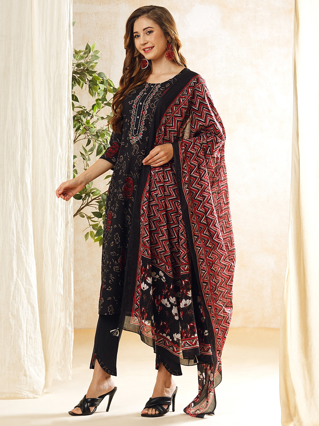 Ethnic Printed & Embroidered Straight Kurta with Pant & Pure Cotton Dupatta - Black