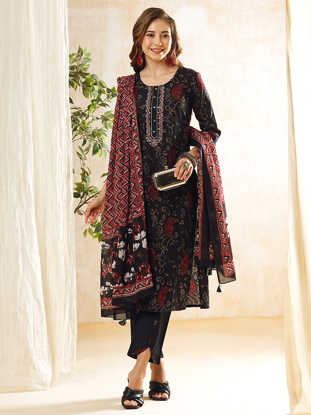 Ethnic Printed & Embroidered Straight Kurta with Pant & Pure Cotton Dupatta - Black