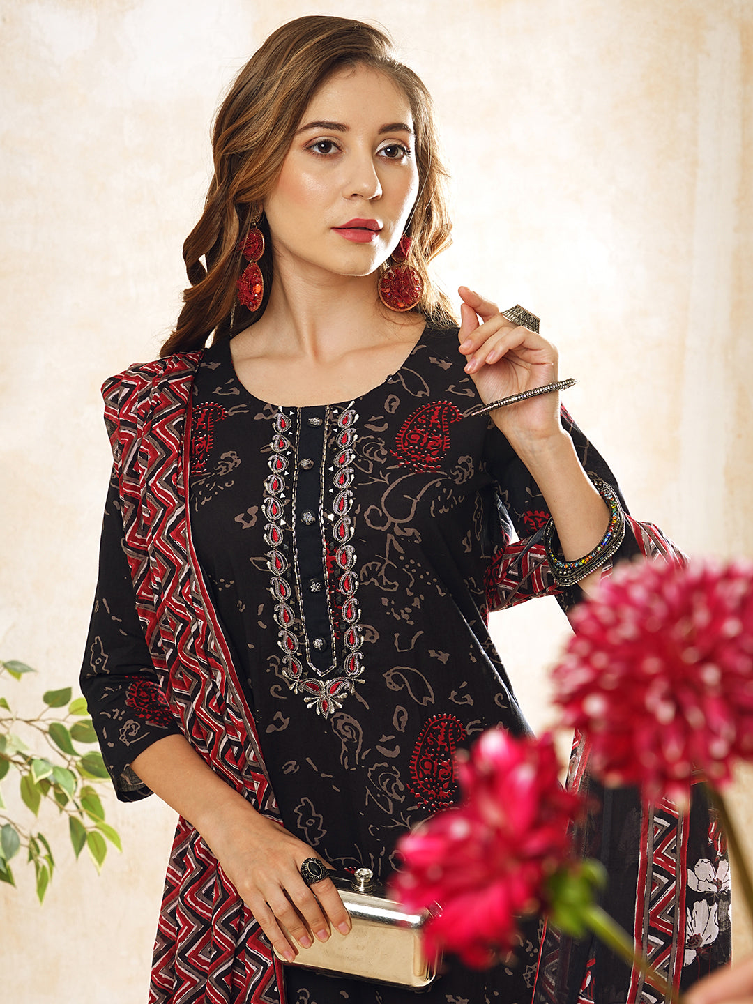 Ethnic Printed & Embroidered Straight Kurta with Pant & Pure Cotton Dupatta - Black