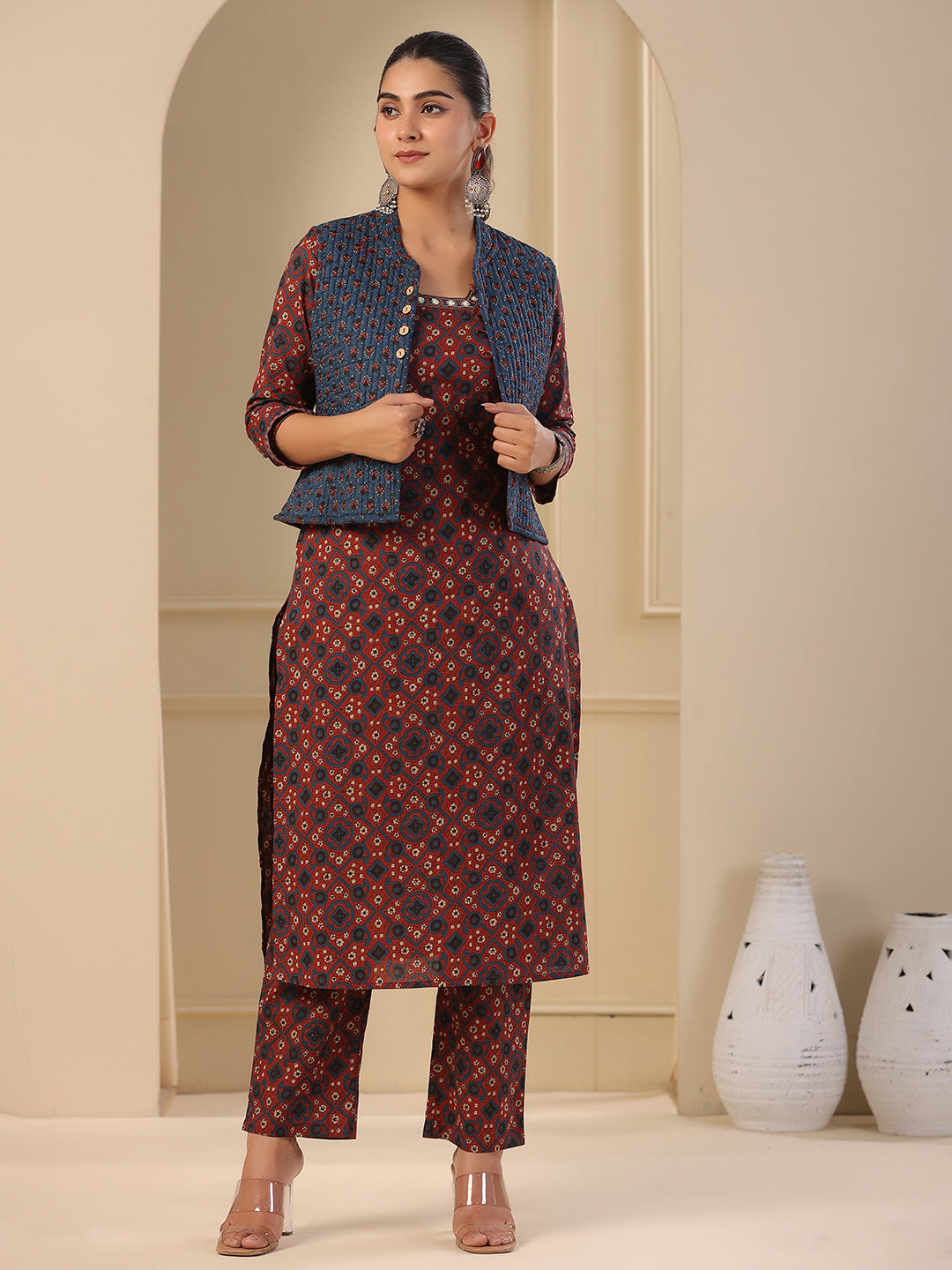 Ajrakh Block Printed Sequins Embroidered Kurta with Quilted Reversible Waist Coat & Pants - Maroon