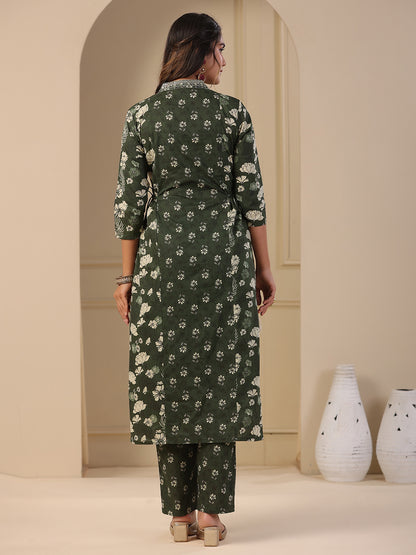 Floral Printed A-Line Paneled Kurta with Pant - Green