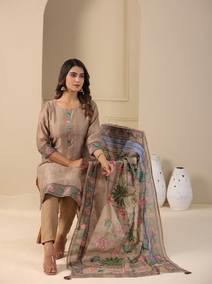 Solid Straight Kurta with Pant & Floral Printed & Zari Embroidered Dupatta - Taupe