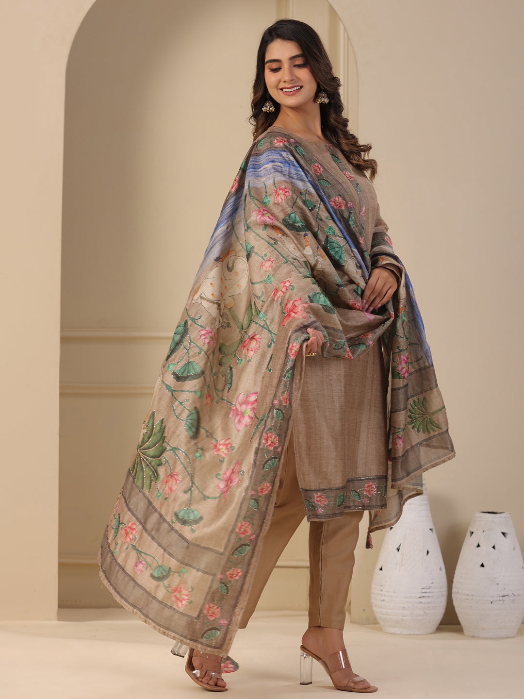 Solid Straight Kurta with Pant & Floral Printed & Zari Embroidered Dupatta - Taupe