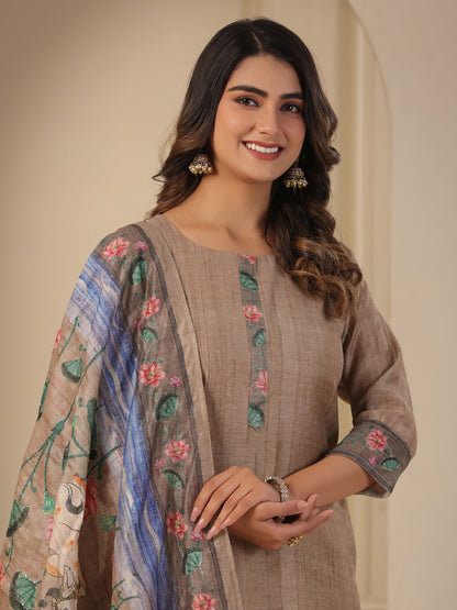 Solid Straight Kurta with Pant & Floral Printed & Zari Embroidered Dupatta - Taupe