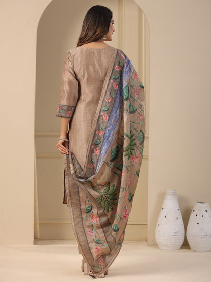 Solid Straight Kurta with Pant & Floral Printed & Zari Embroidered Dupatta - Taupe