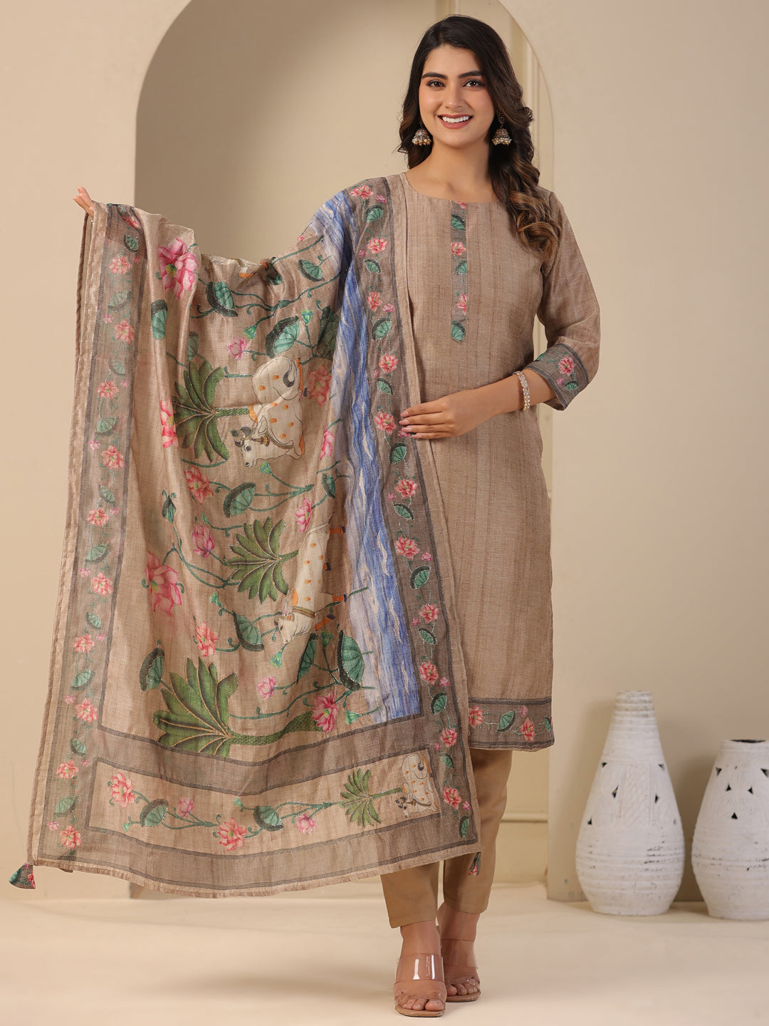 Solid Straight Kurta with Pant & Floral Printed & Zari Embroidered Dupatta - Taupe