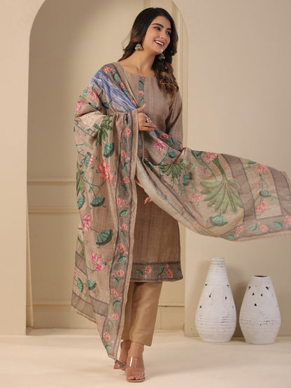 Solid Straight Kurta with Pant & Floral Printed & Zari Embroidered Dupatta - Taupe