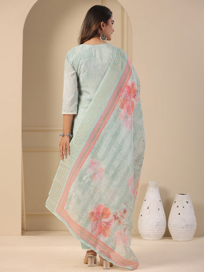 Floral Printed & Chikankari Embroidered Kurta with Pant & Dupatta - Mint Green