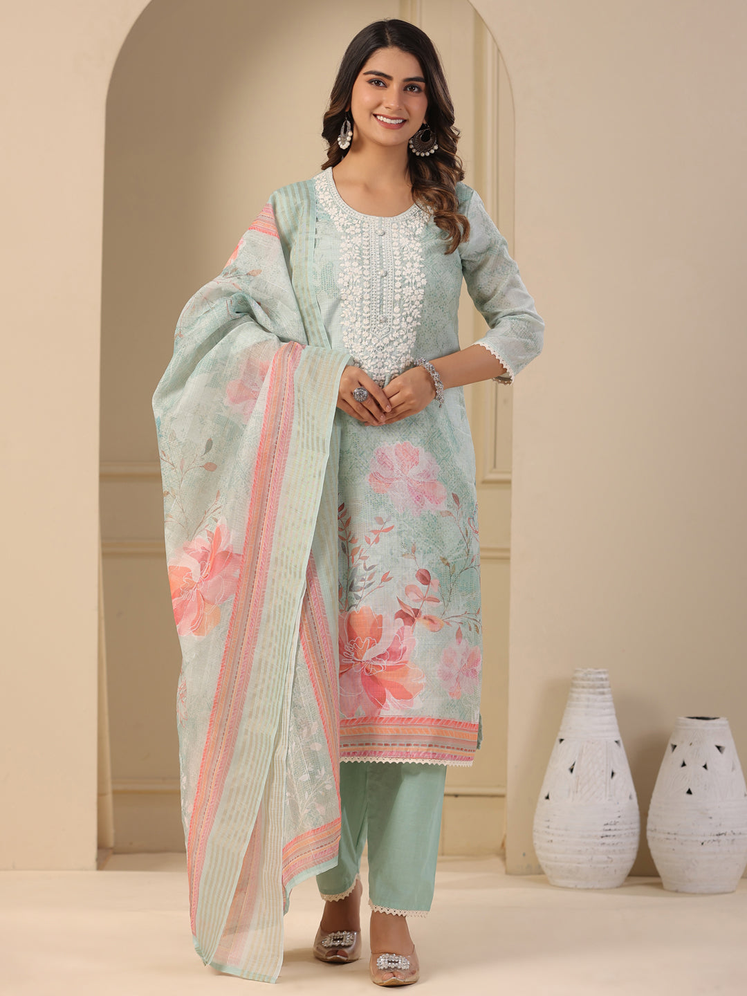 Floral Printed & Chikankari Embroidered Kurta with Pant & Dupatta - Mint Green