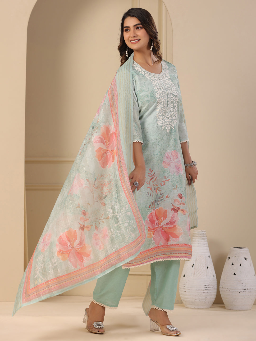 Floral Printed & Chikankari Embroidered Kurta with Pant & Dupatta - Mint Green