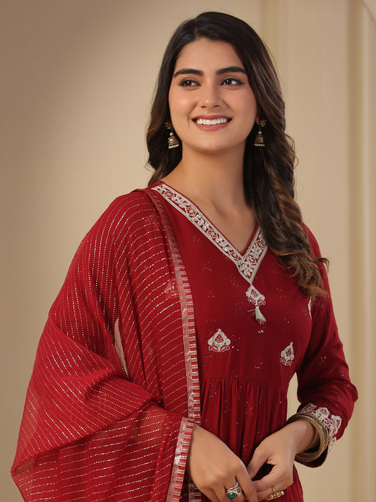 Solid Floral Embroidered A-Line Pleated Kurta with Pant & Dupatta - Maroon