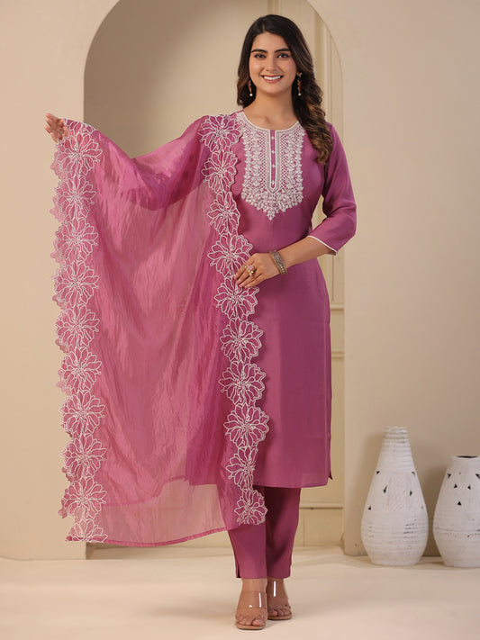 Solid Resham & Sequins Embroidered Kurta with Pants & Dupatta - Onion Pink