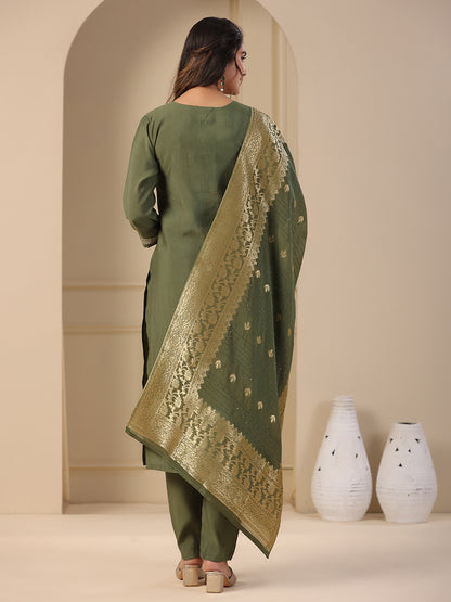 Solid Zari & Sequins Embroidered Kurta with Pants & zari Jacquard Dupatta - Green