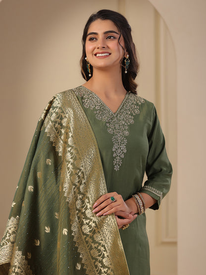 Solid Zari & Sequins Embroidered Kurta with Pants & zari Jacquard Dupatta - Green