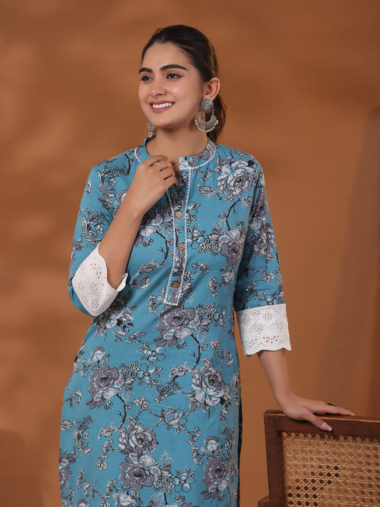 Floral Printed Straight Fit Kurta with Pant - Turquoise Blue