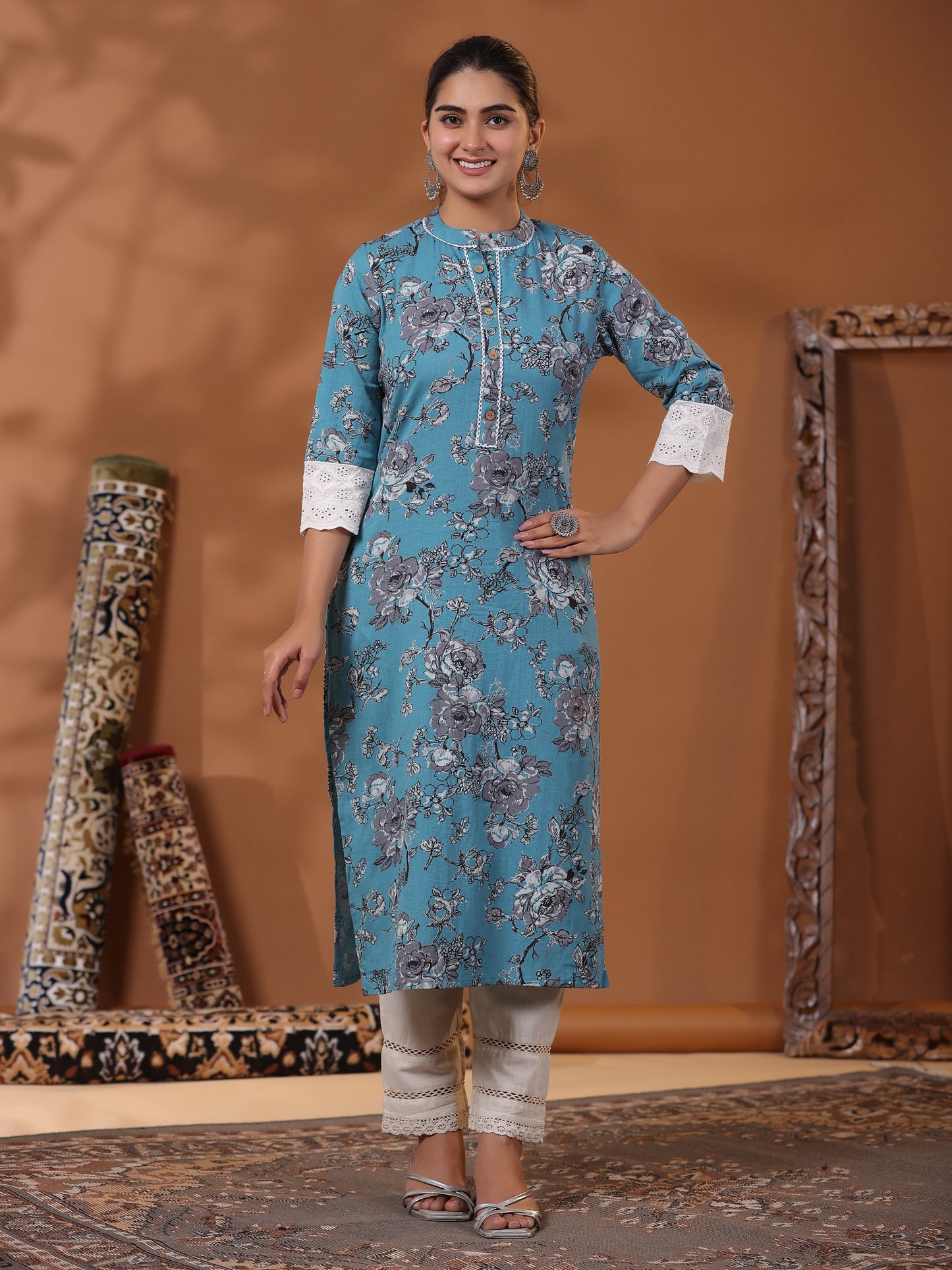 Floral Printed Straight Fit Kurta with Pant - Turquoise Blue