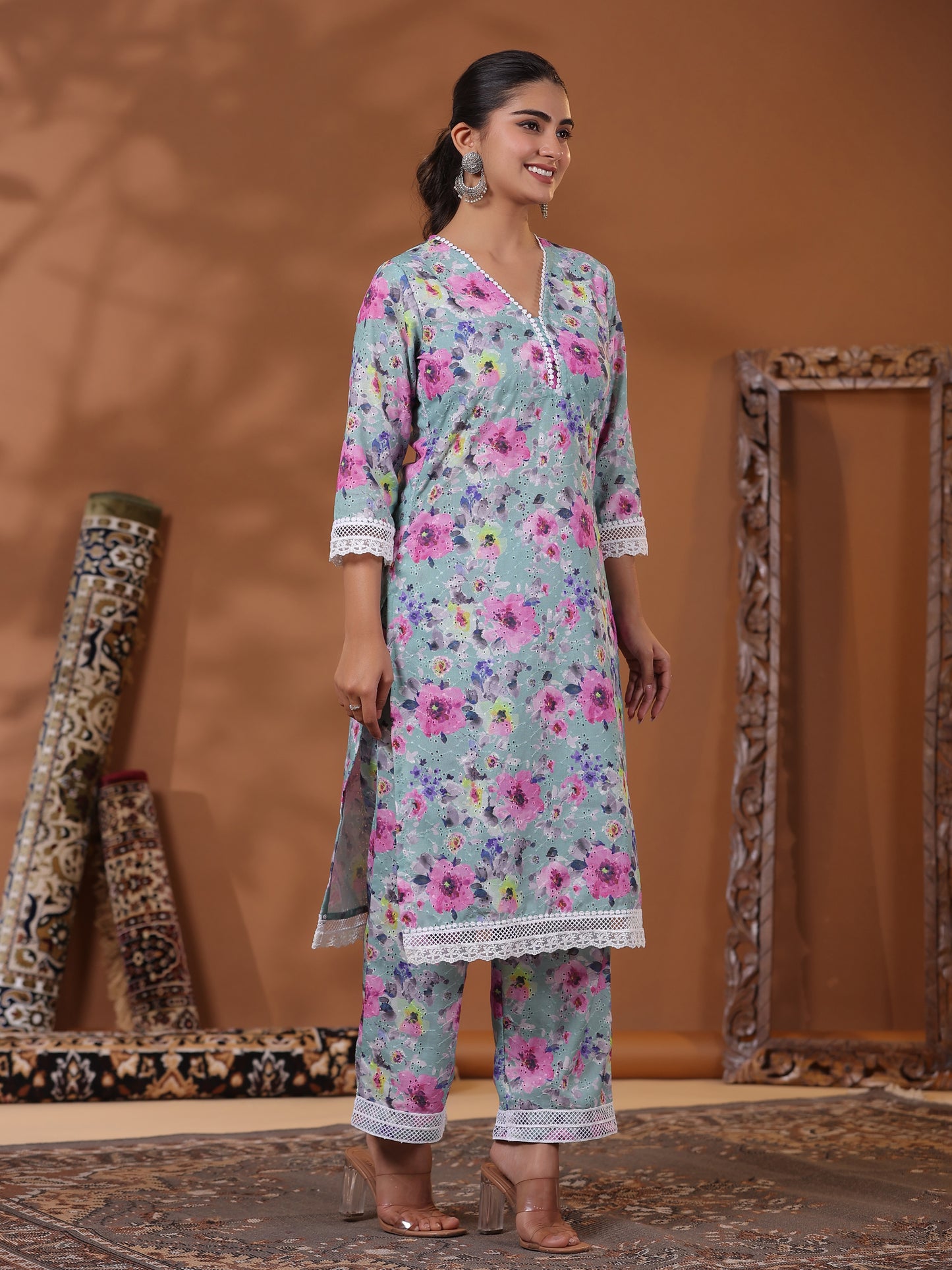 Abstract Floral Printed & Schiffli Embroidered Straight Kurta with Palazzo - Green