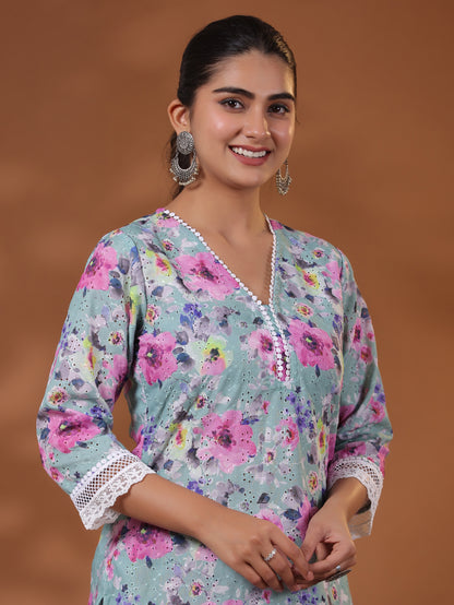 Abstract Floral Printed & Schiffli Embroidered Straight Kurta with Palazzo - Green