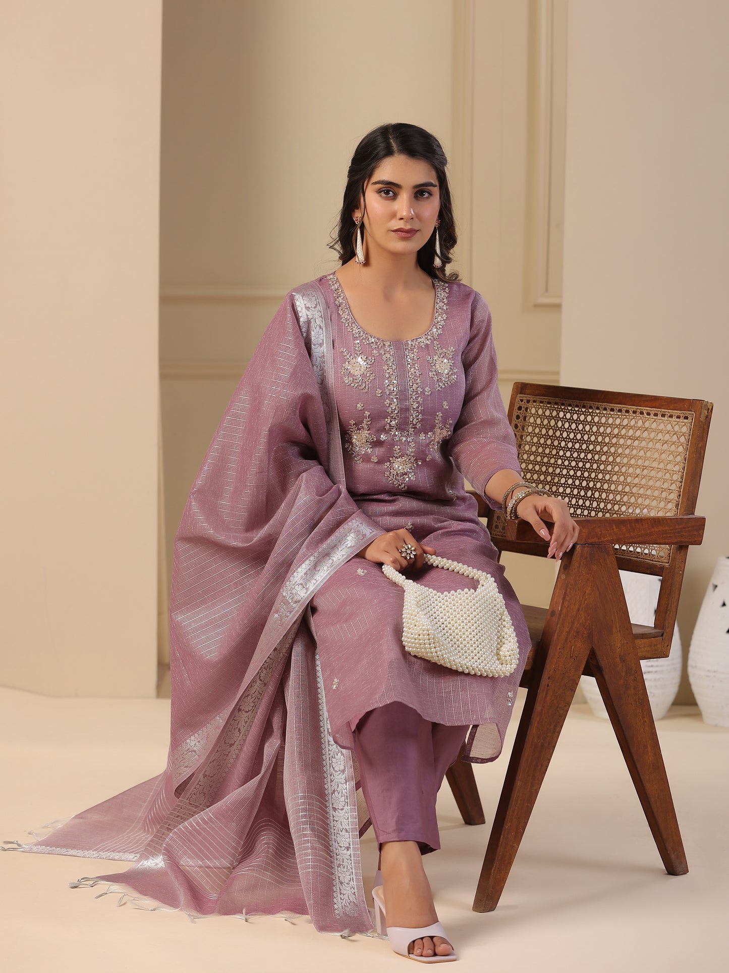 Shimmer Sequins & Cutdana Embroidered Kurta with Pants & Dupatta - Purple
