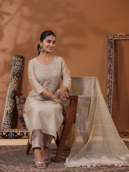 Solid Floral Hand Embroidered Straight Kurta with Pant & Dupatta - Beige