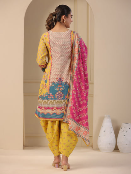 Ethnic Floral Printed & Embroidered A-Line Kurta with Dhoti Pant & Dupatta - Yellow