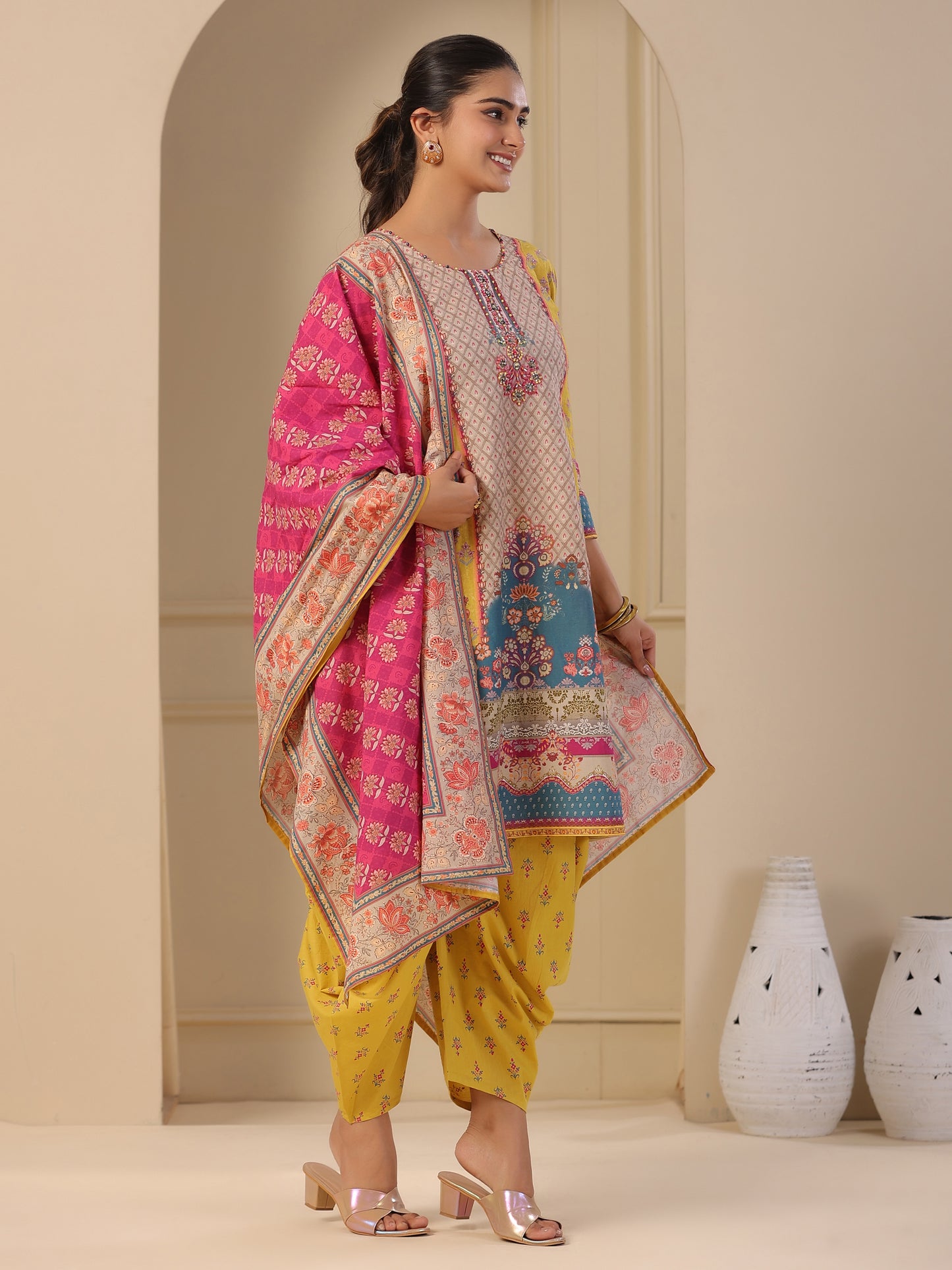 Ethnic Floral Printed & Embroidered A-Line Kurta with Dhoti Pant & Dupatta - Yellow