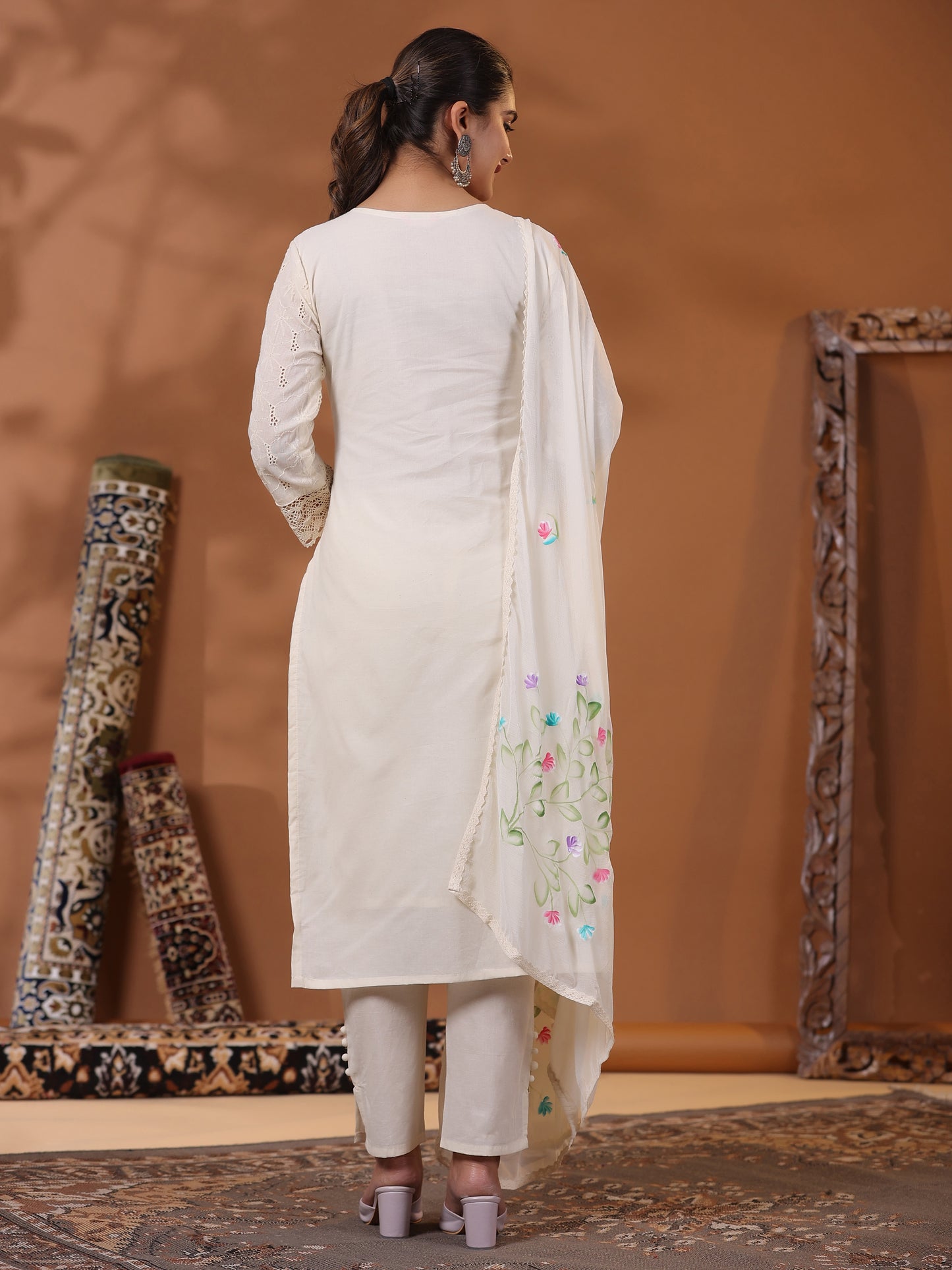 Schiffli & Floral Embroidered Kurta with Pant & Hand Painted Dupatta - Off White
