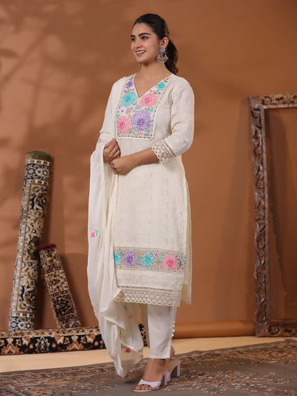 Schiffli & Floral Embroidered Kurta with Pant & Hand Painted Dupatta - Off White