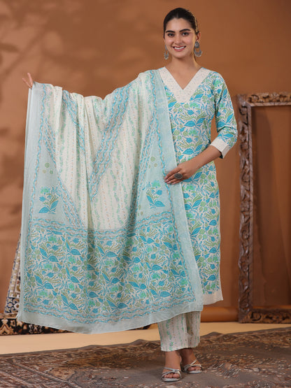 Floral Printed Sequins & Beads Embellished Kurta with Pants & Dupatta - Off White & Blue