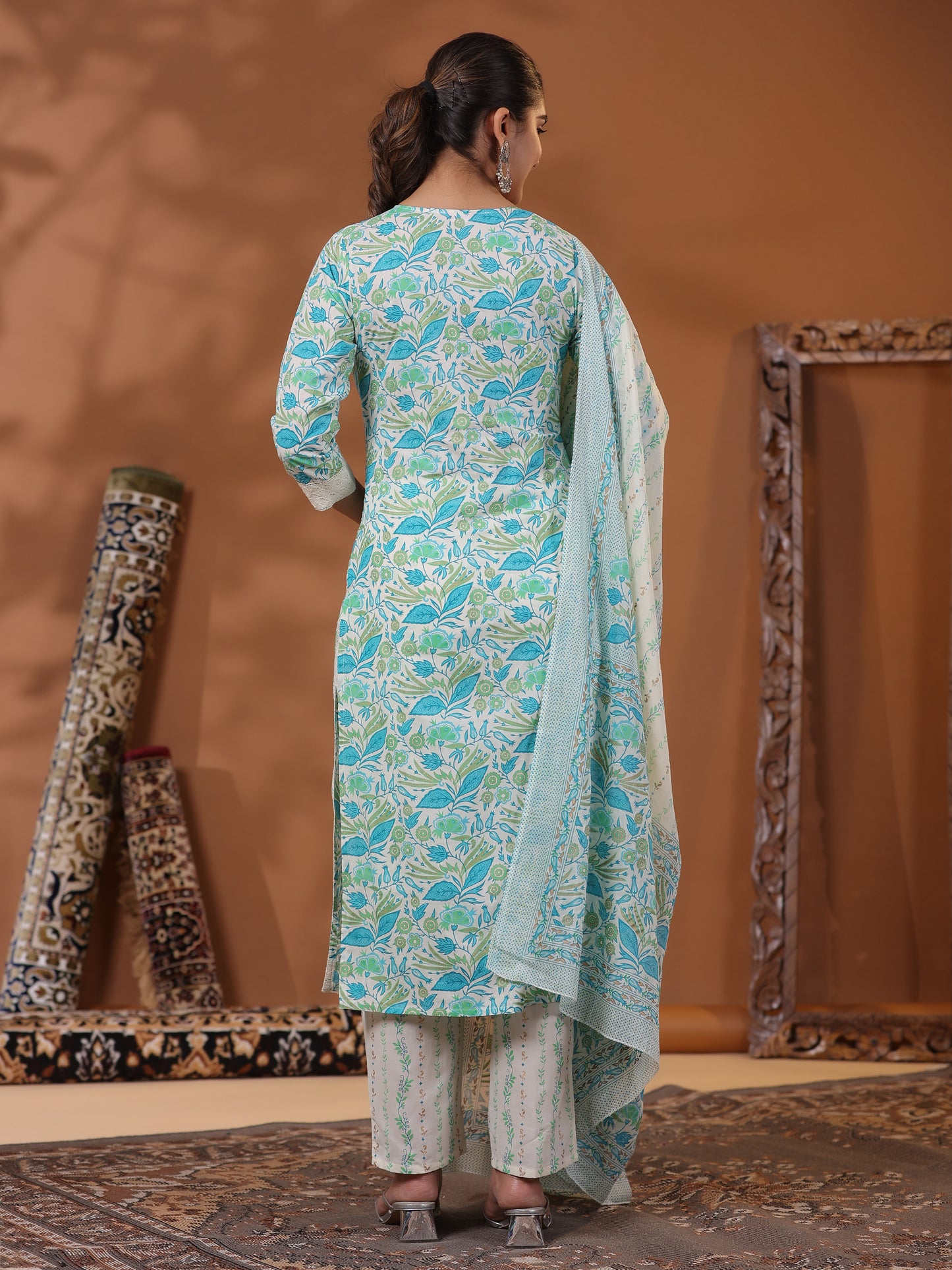 Floral Printed Sequins & Beads Embellished Kurta with Pants & Dupatta - Off White & Blue